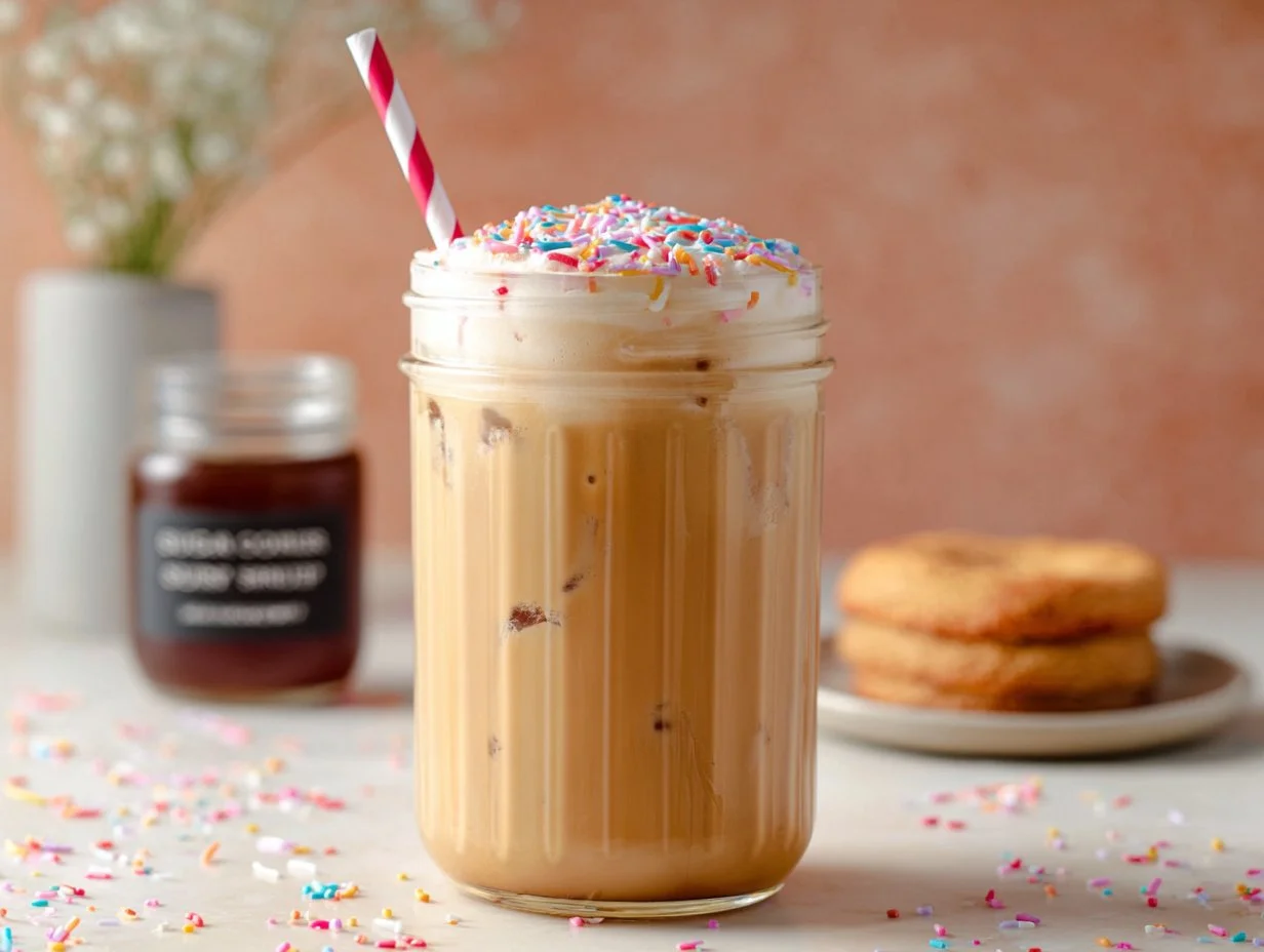 Delicious Sugar Cookie Latte topped with whipped cream and sprinkles