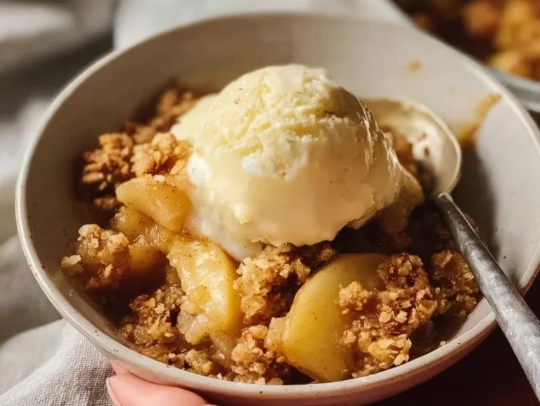 Delicious sugar-free apple crisp in a baking dish, topped with oats and spices.