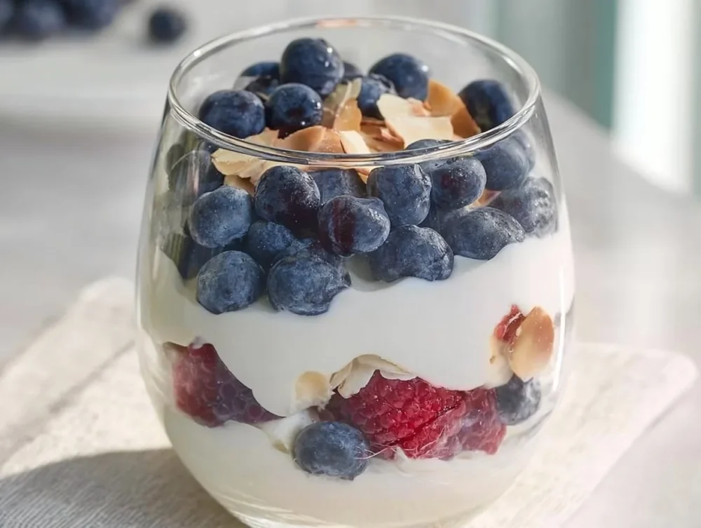 Delicious sugar-free yogurt parfait with fresh fruits and granola
