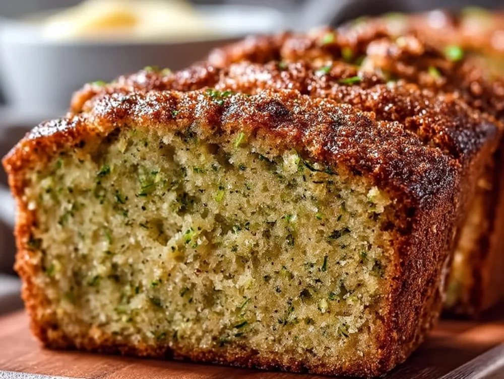 Homemade sugar-free zucchini bread sliced on a wooden board