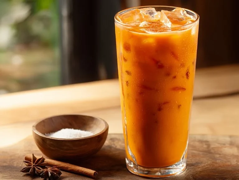 Glass of Thai iced tea with vibrant colors and traditional garnishes.