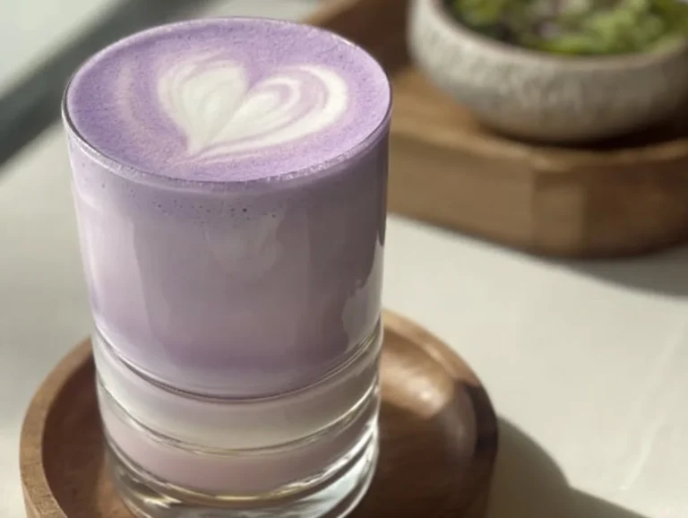 A vibrant ube latte in a cup, topped with whipped cream and purple sprinkles