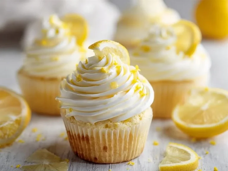 Delicious zesty lemon cupcakes decorated with lemon icing and fresh zest