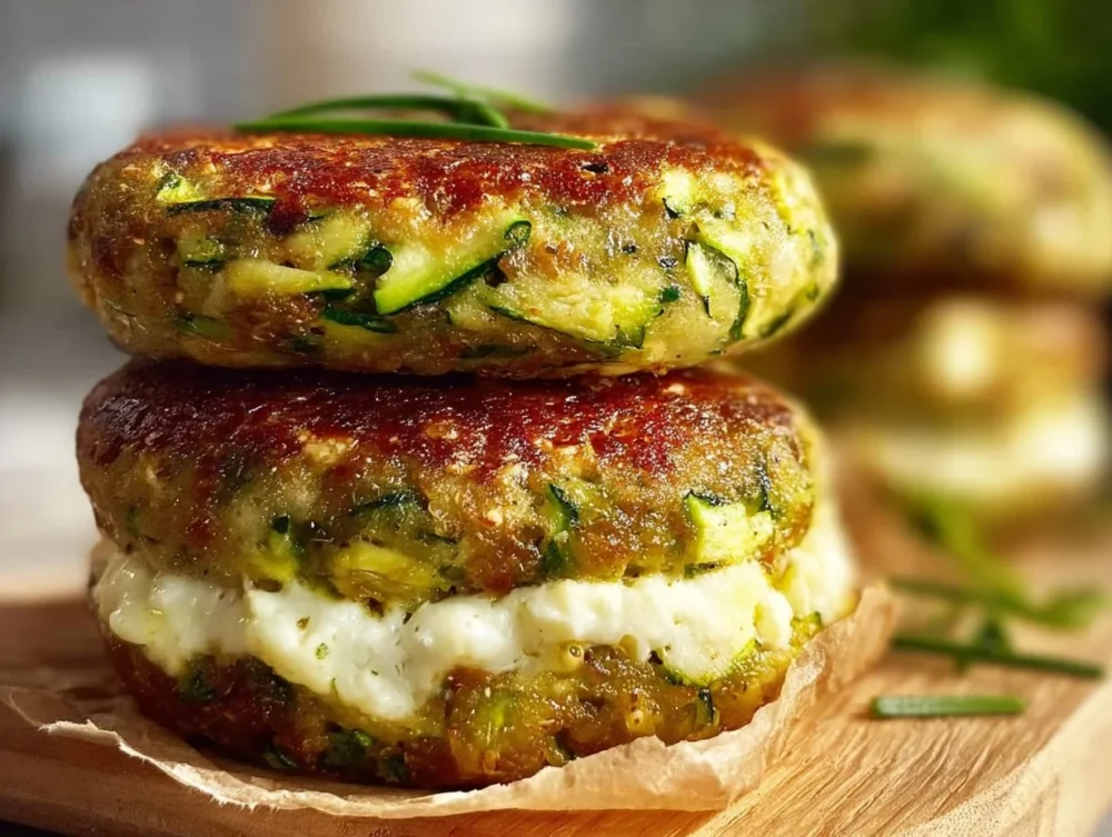 Delicious zucchini ricotta burgers served on a plate with fresh herbs.