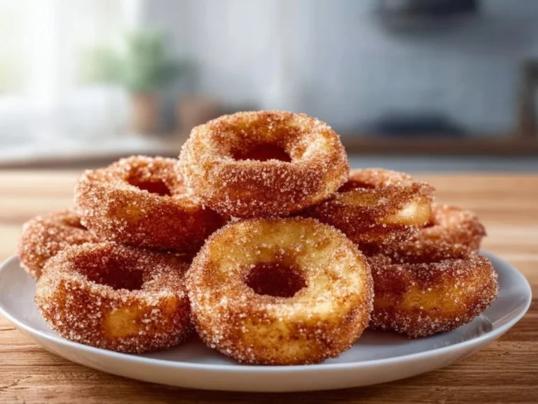 Air fryer cinnamon apple rings cooked to perfection with a sprinkle of cinnamon.