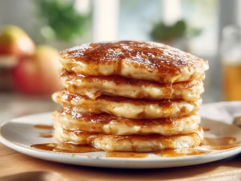 Delicious homemade apple cinnamon pancakes stacked on a plate.