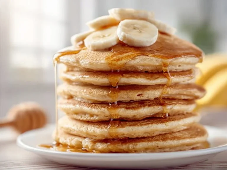 Fluffy banana protein pancakes topped with fresh fruit and syrup