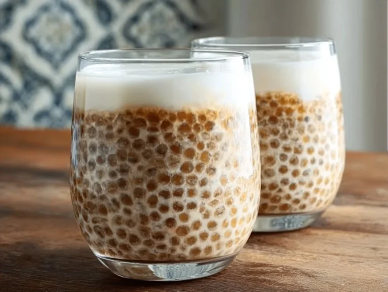 Delicious bubble tea pudding topped with tapioca pearls and vibrant colors.