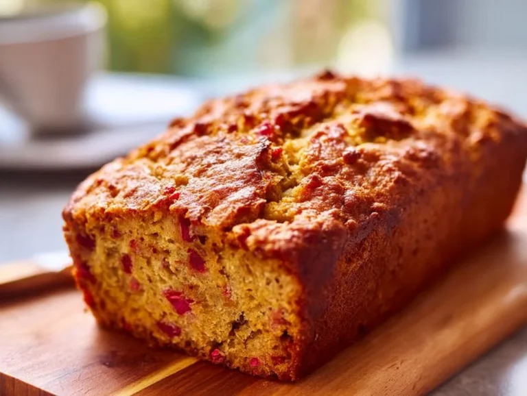 Freshly baked buttery orange rhubarb bread sliced on a plate