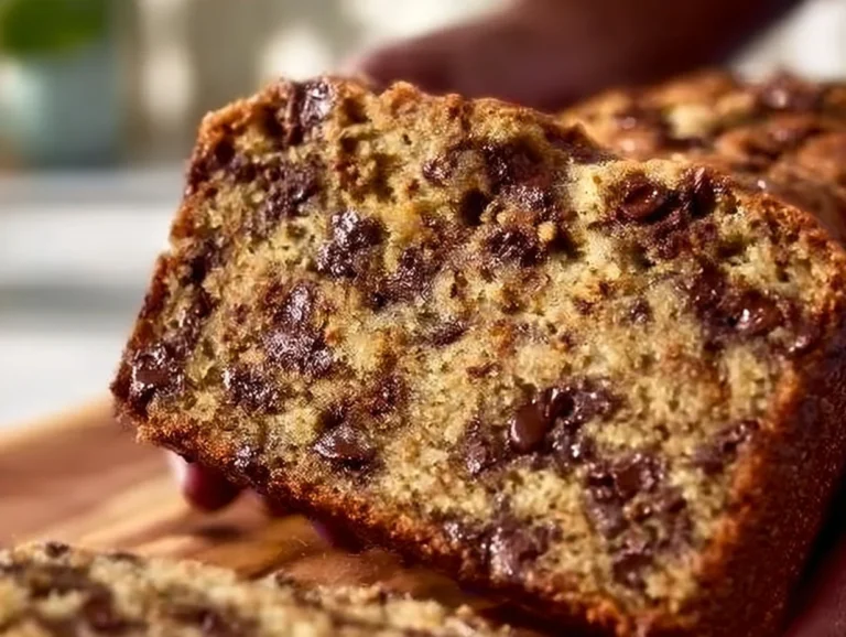 Delicious chocolate chip banana bread loaf, freshly baked and sliced.