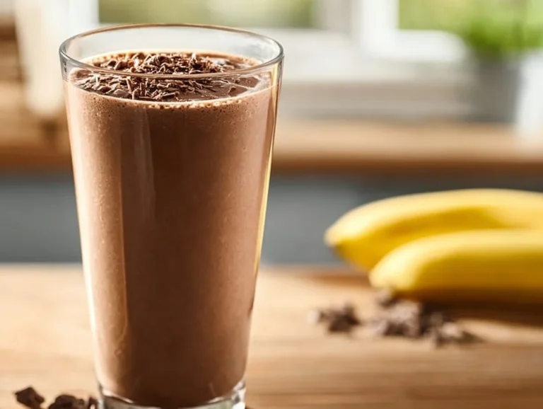 Delicious chocolate smoothie in a glass topped with chocolate shavings