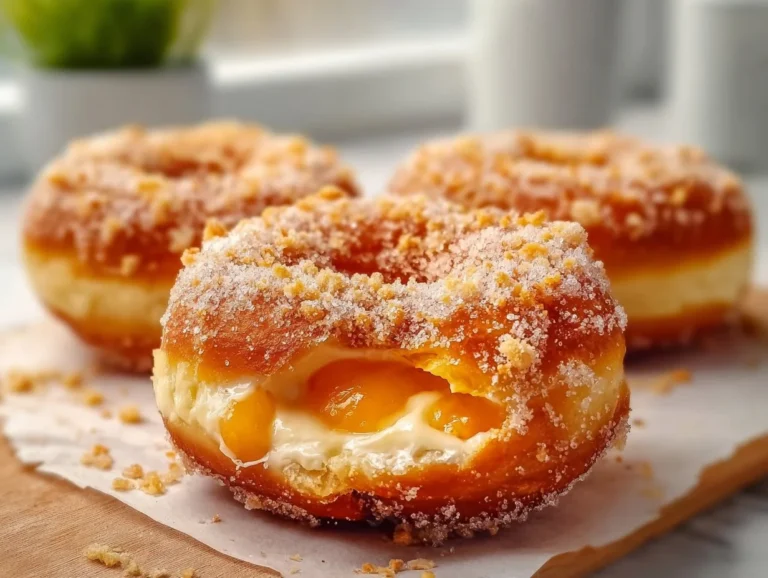 Classic Peach Cobbler Cheesecake Donuts topped with peach slices and drizzle