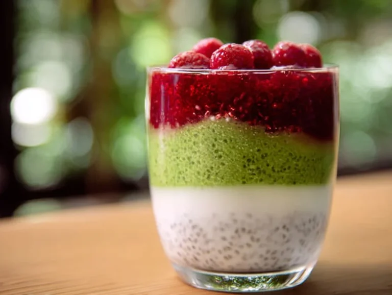 Creamy matcha chia pudding topped with fresh fruits and nuts
