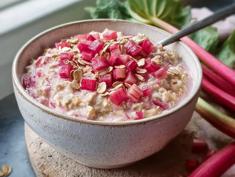 Bowl of creamy rhubarb overnight oats topped with fresh rhubarb and nuts