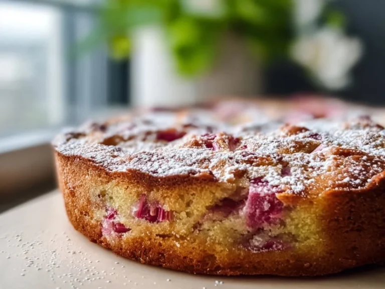 Delicious Norwegian rhubarb cake, fresh and flavorful dessert in a rustic setting.