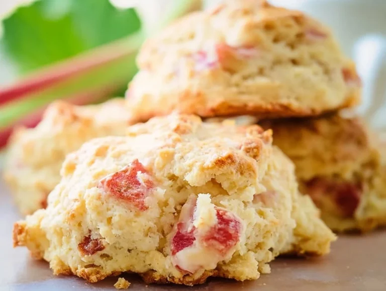Freshly baked easy rhubarb scones sprinkled with sugar on a plate