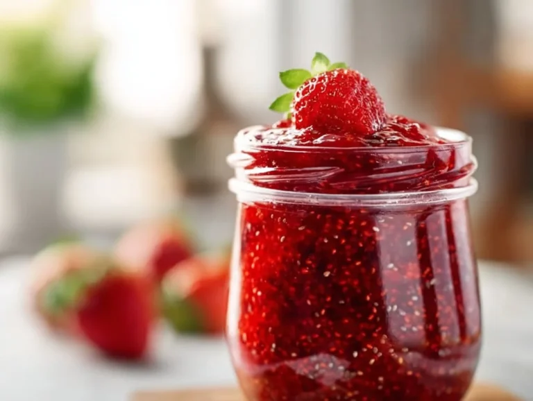Homemade easy strawberry chia jam with fresh strawberries and chia seeds