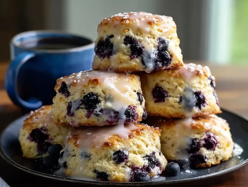 Flaky blueberry biscuits topped with a zesty lemon glaze.