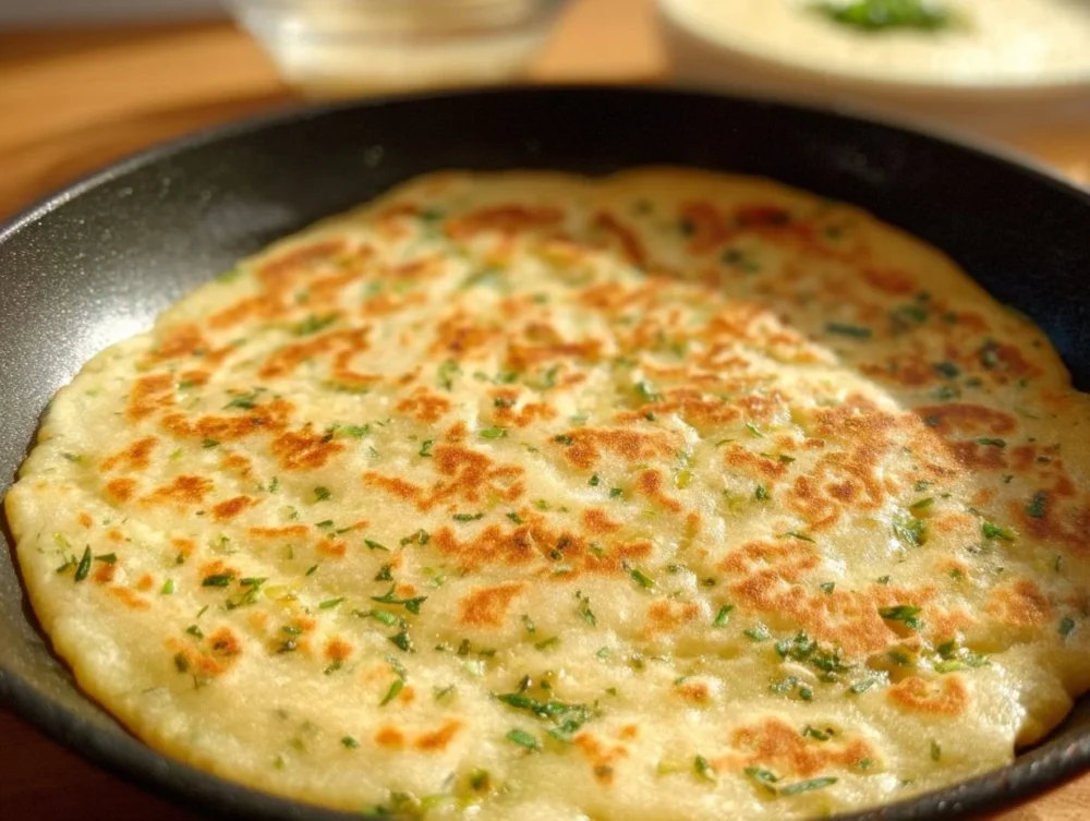 Freshly baked garlic flatbread with herbs and spices served on a wooden board