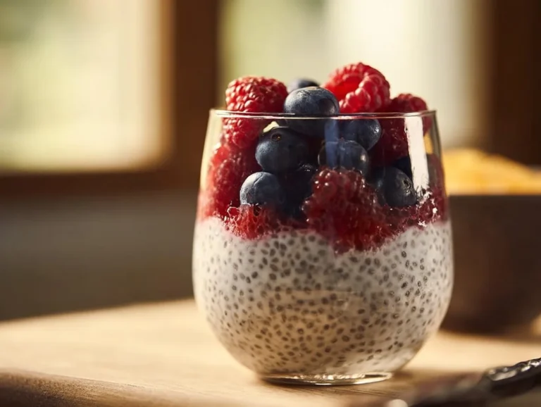 Glass of Greek yogurt chia pudding topped with fresh berries and nuts