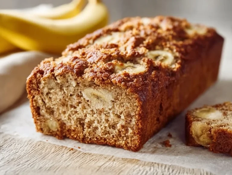 High protein cottage cheese banana bread slice on a wooden board
