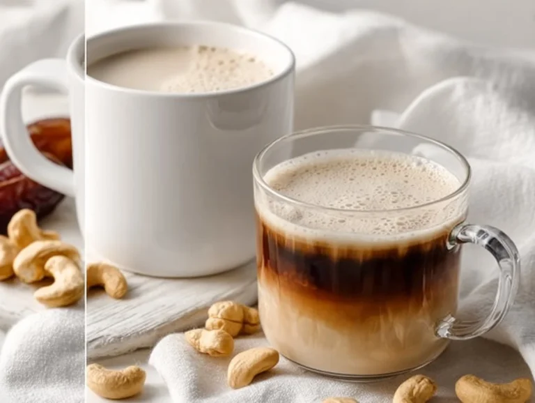 A glass of homemade cashew milk served with cashews and a cloth bag for straining.