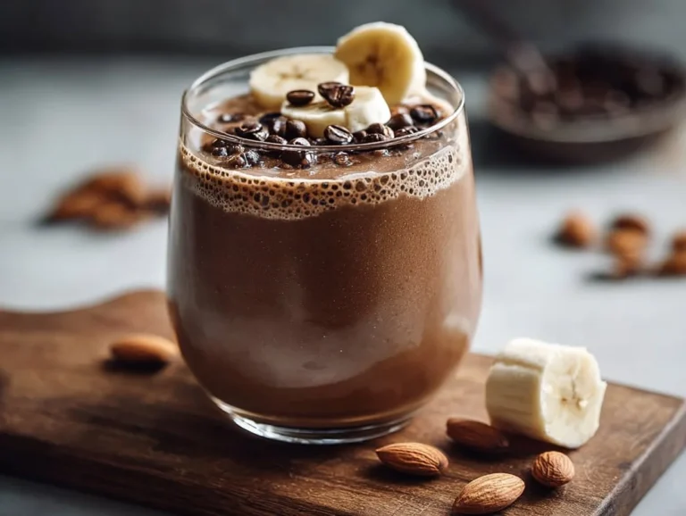 Iced mocha protein smoothie in a glass topped with whipped cream and cocoa