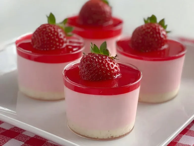 Layered strawberry mousse cups with fresh strawberries and whipped cream