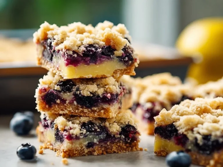 Delicious lemon blueberry bars topped with a dusting of powdered sugar