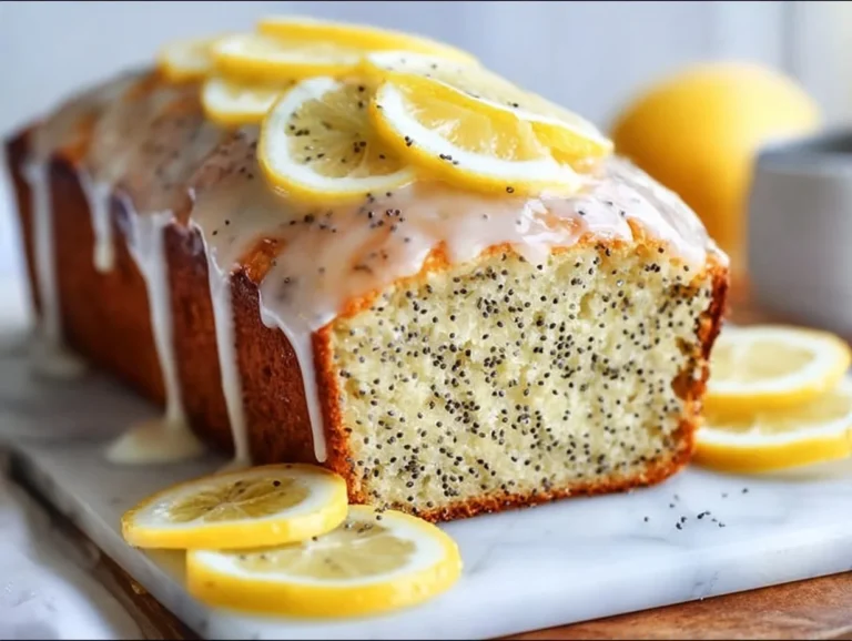 Freshly baked Lemon Poppy Seed Bread with lemon glaze and poppy seeds