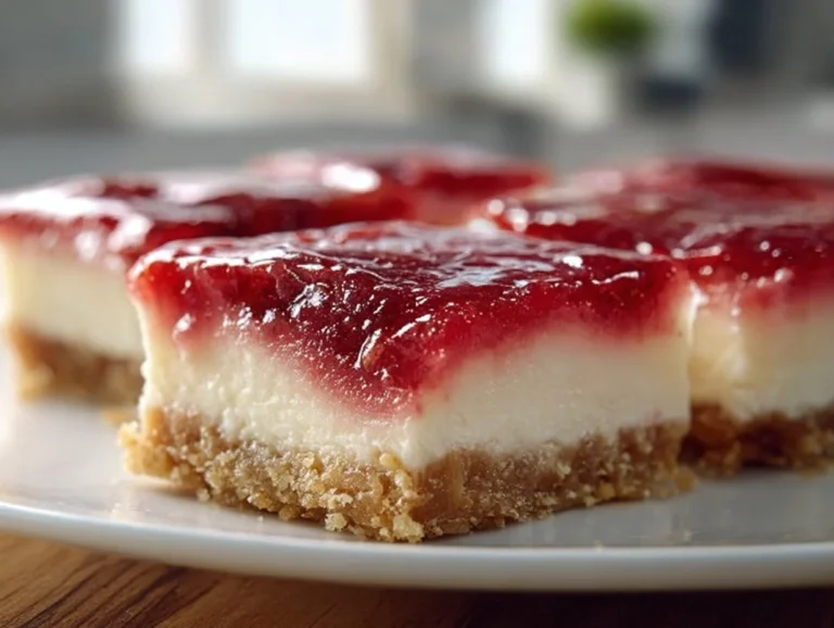 Delicious no bake rhubarb cheesecake squares displayed on a plate