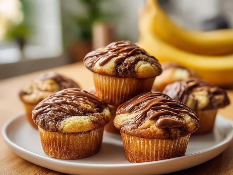 Freshly baked Nutella banana muffins with chocolate swirl