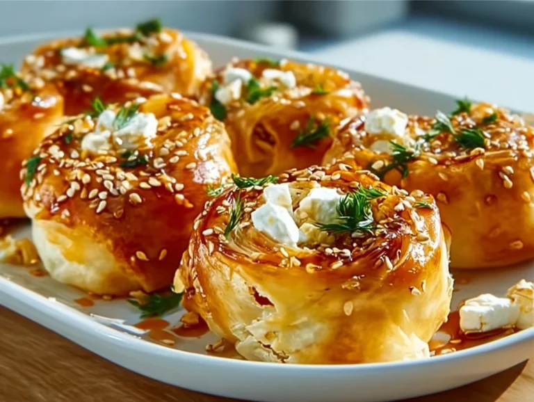 Oven-baked feta rolls drizzled with chili honey served on a plate.