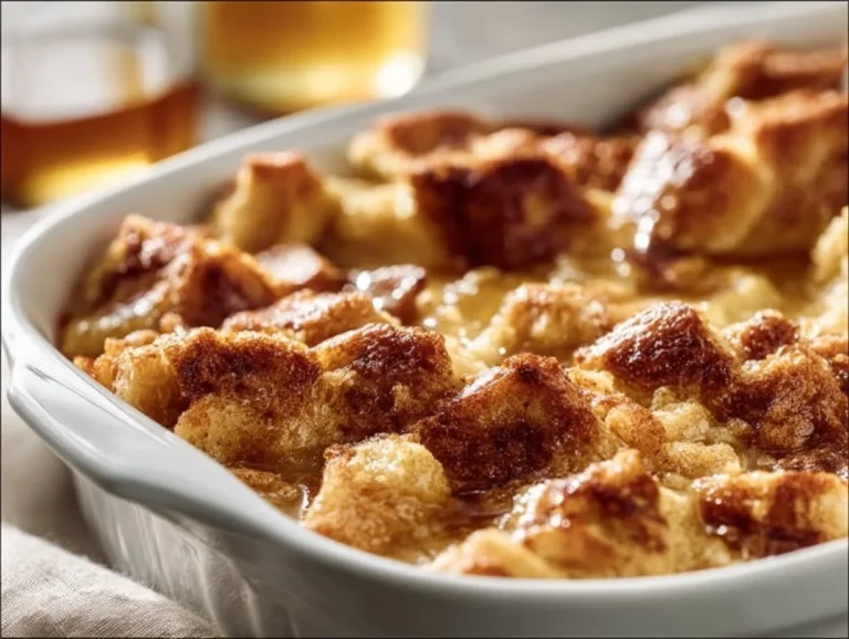 Delicious Overnight French Toast Casserole topped with syrup and berries.