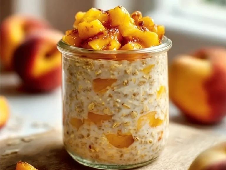 Bowl of delicious peach cobbler oats topped with fresh peaches and granola.