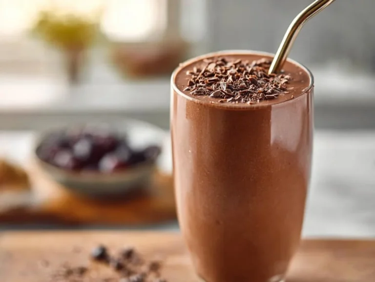 Creamy peanut butter cottage cheese smoothie in a glass with a straw.