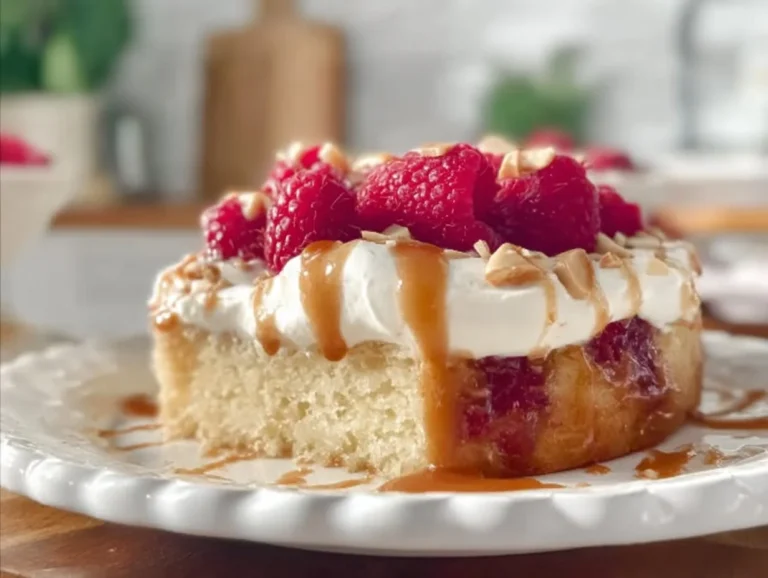 Raspberry Almond Ricotta Cake with fresh raspberries on a plate