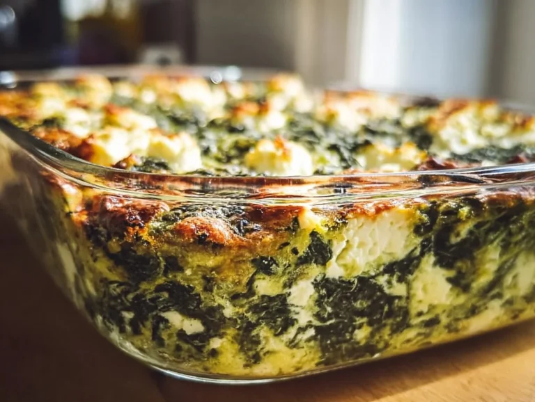 Delicious spinach casserole with feta cheese baked to perfection