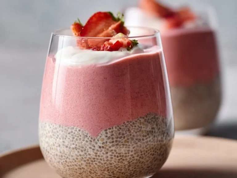 Strawberry cheesecake chia seed pudding topped with fresh strawberries and mint