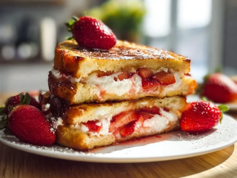 Delicious Strawberry Cream Cheese Stuffed French Toast topped with strawberries and syrup.
