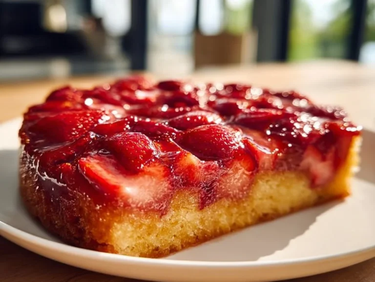 Strawberry rhubarb upside down cake with fresh strawberries and rhubarb slices