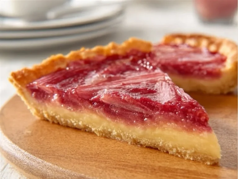 Delicious rhubarb custard tart on a rustic table