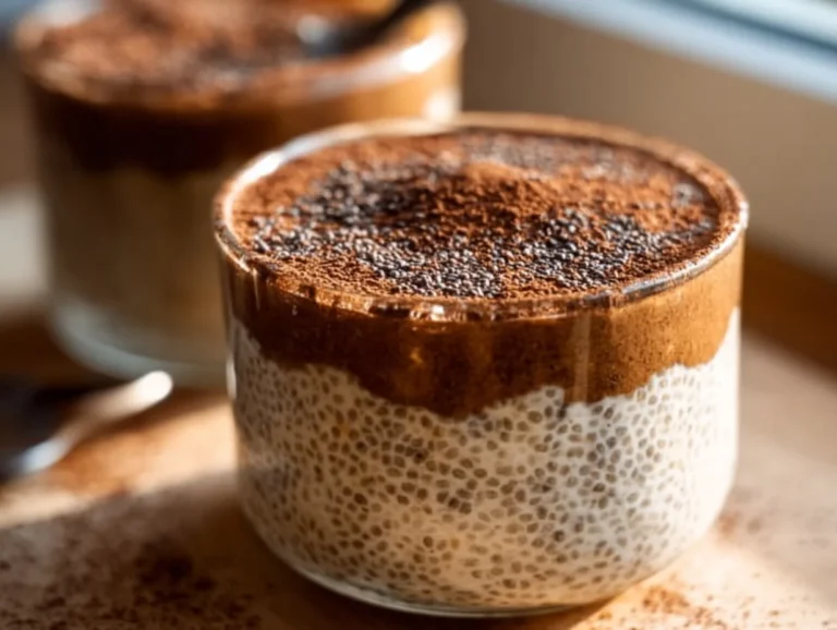 Healthy tiramisu chia pudding served in a dish with cocoa dusting and coffee beans
