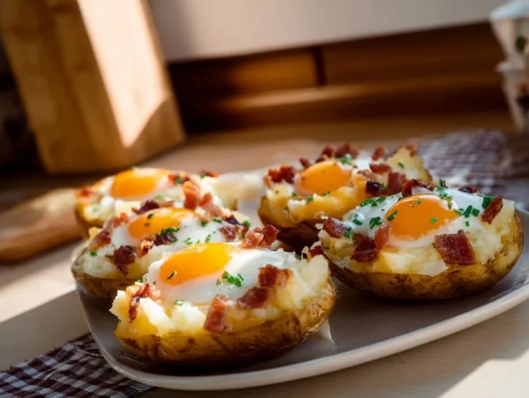 Twice Baked Loaded Breakfast Potatoes topped with cheese and bacon.