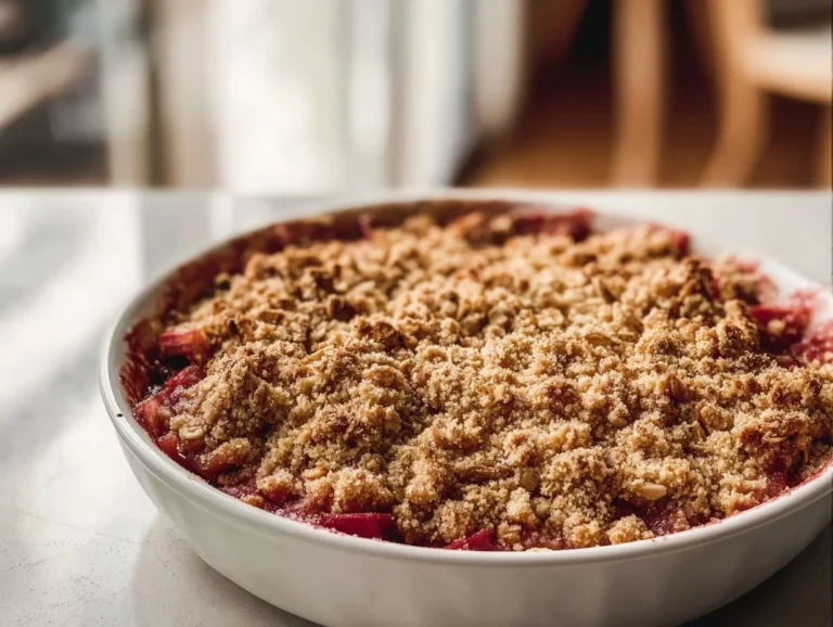Delicious Vegan Rhubarb Crisp served in a bowl, topped with oats and nuts.